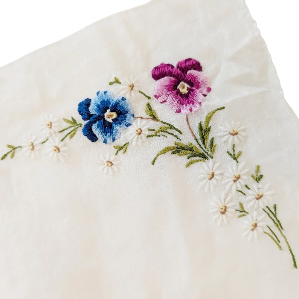 VINTAGE Hankerchief Embroidered Flowers Colorful 12x12 Cotton Pansies Violet